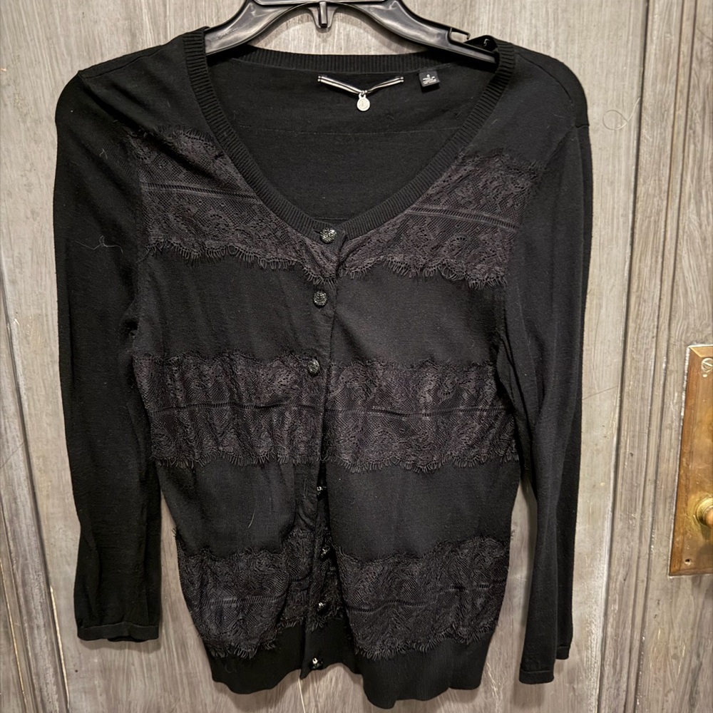 Elegant Black Cardigan with lace trim and rhinestone buttons